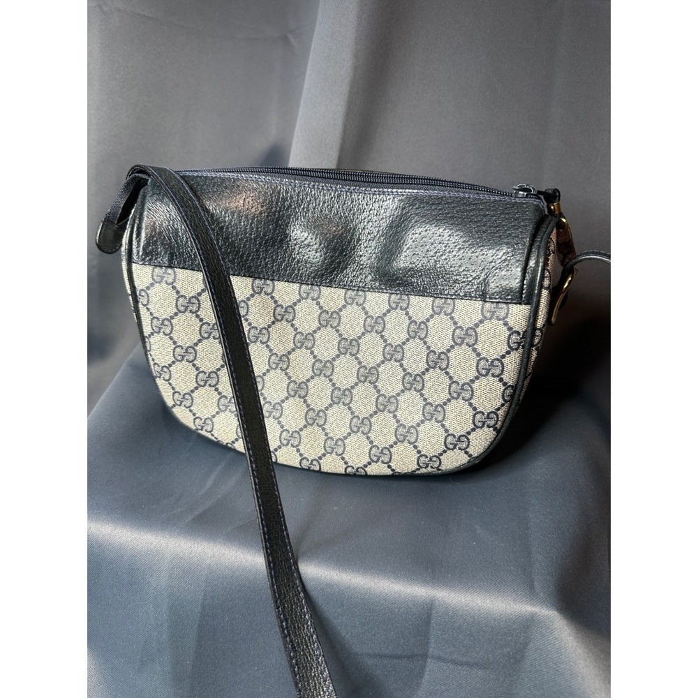 Gucci Vintage GG Supreme Monogram Crossbody Bag Navy Blue Leather Trim Italy - Picture 14 of 16